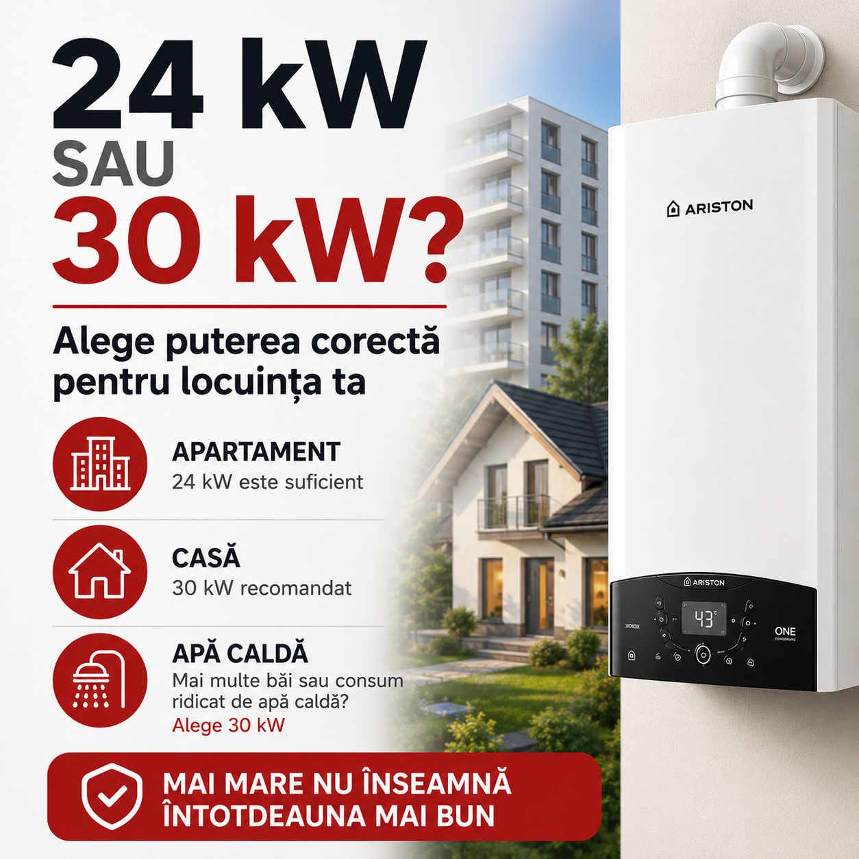 Centrală Ariston 24 kW sau 30 kW – ghid pentru alegerea puterii potrivite