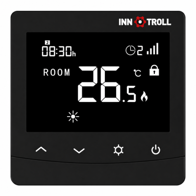 Poza Termostat ambient Innotroll cu fir, LCD, negru, montaj in doza, 230V, programabil. Poza 42902
